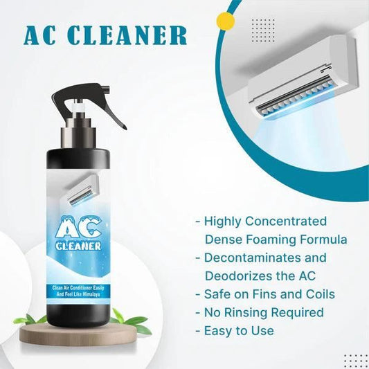 AC cleaner bottle with product features on a white background