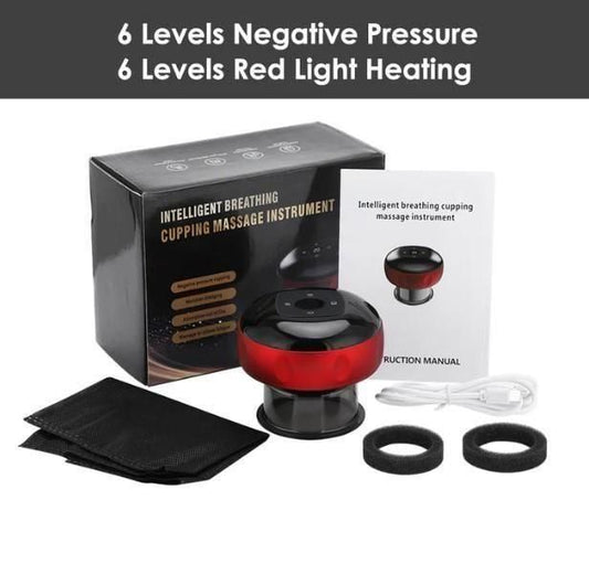 Intelligent breathing cupping massage instrument with packaging, manual, and accessories on a white background.