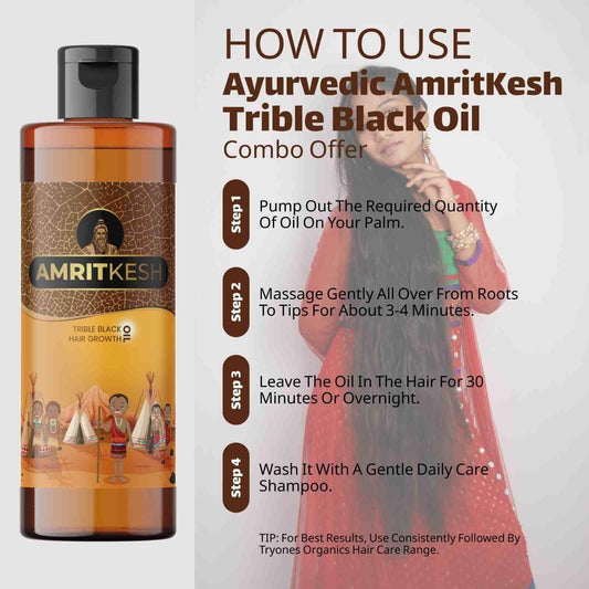AmritKesh Ayurvedic triple black oil bottle with usage instructions and a woman using the product.