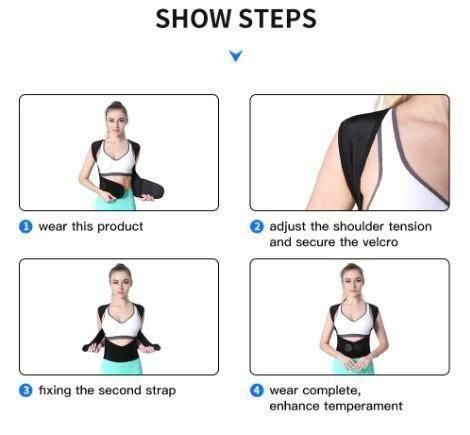 Instructions on how to wear a shoulder support brace with images and text.