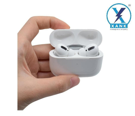 White wireless earbuds in a charging case held by a hand, with XANK logo in the corner.