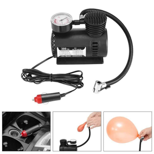 Car air compressor with pump attachment and usage illustrations on a white background