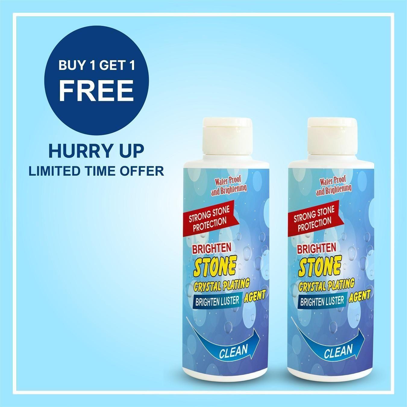 Two bottles of stone cleaning agent with a promotional offer on a blue background