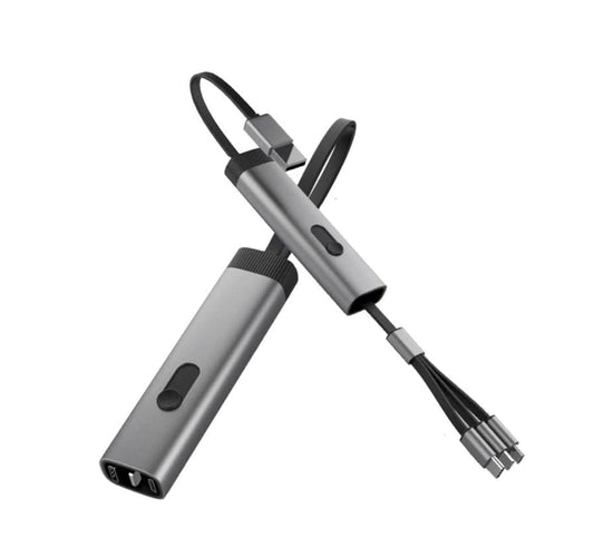 Metallic kitchen tool with a cord on a white background