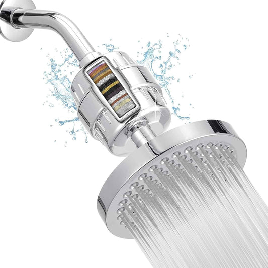 Chrome shower head with water droplets on a white background