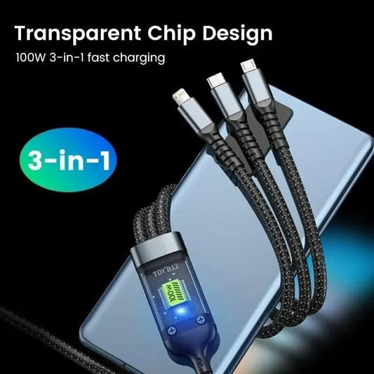 3-in-1 charging cable with transparent chip design on a black background