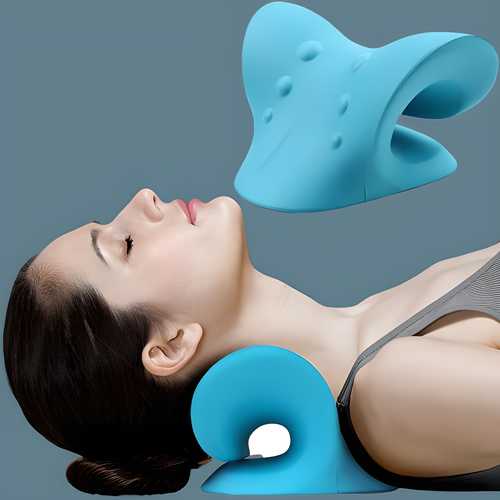 Blue neck and shoulder massager being used by a person on a gray background