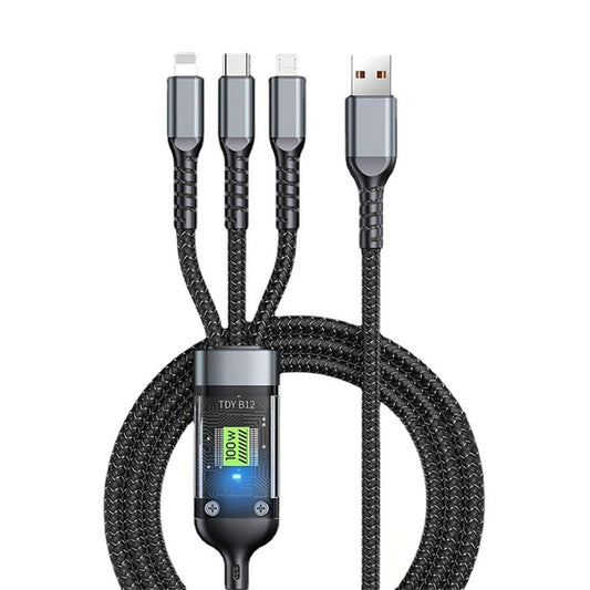 Multi-device charging cable with USB connectors on a white background