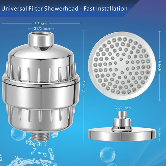 Universal filter showerhead with dimensions and installation details on a blue background