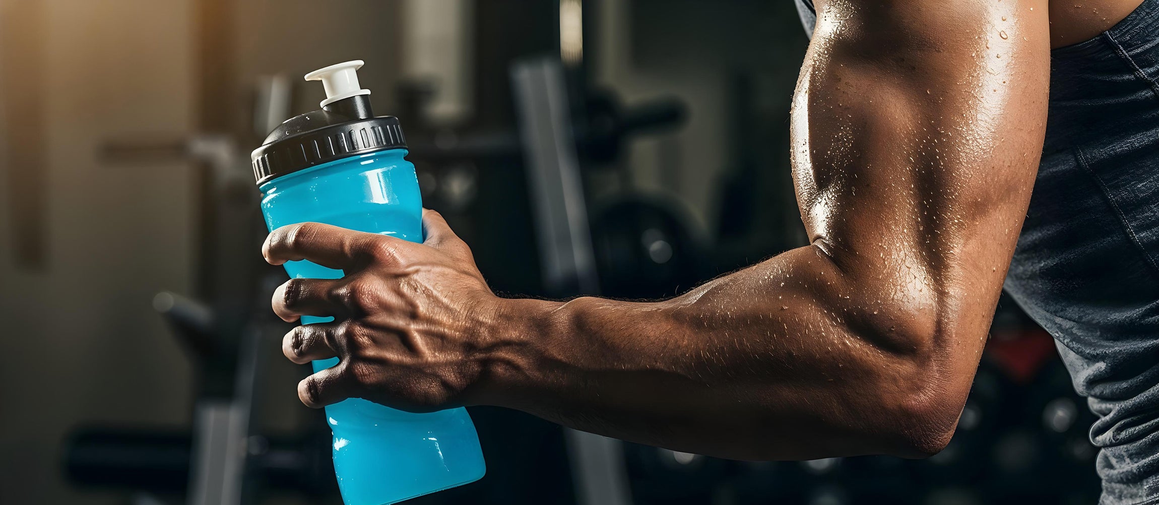 Person holding a blue water bottle in a gym setting