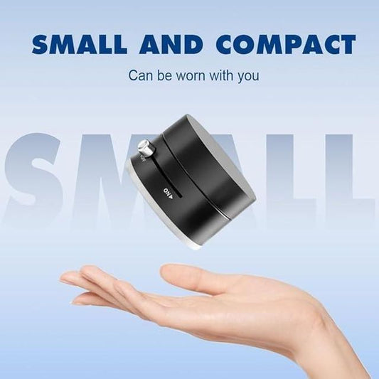 Small and compact device held in a hand with text 'SMALL AND COMPACT' on a blue background