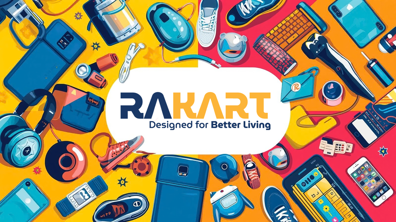 Colorful advertisement for RAKART with various products on a yellow background