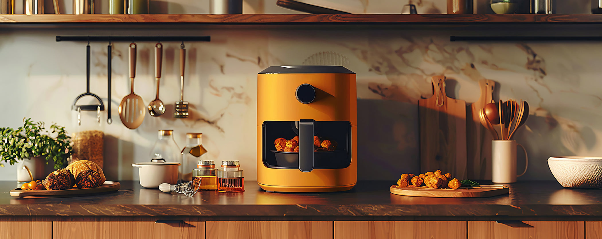 Yellow air fryer on a kitchen counter with various kitchen items around